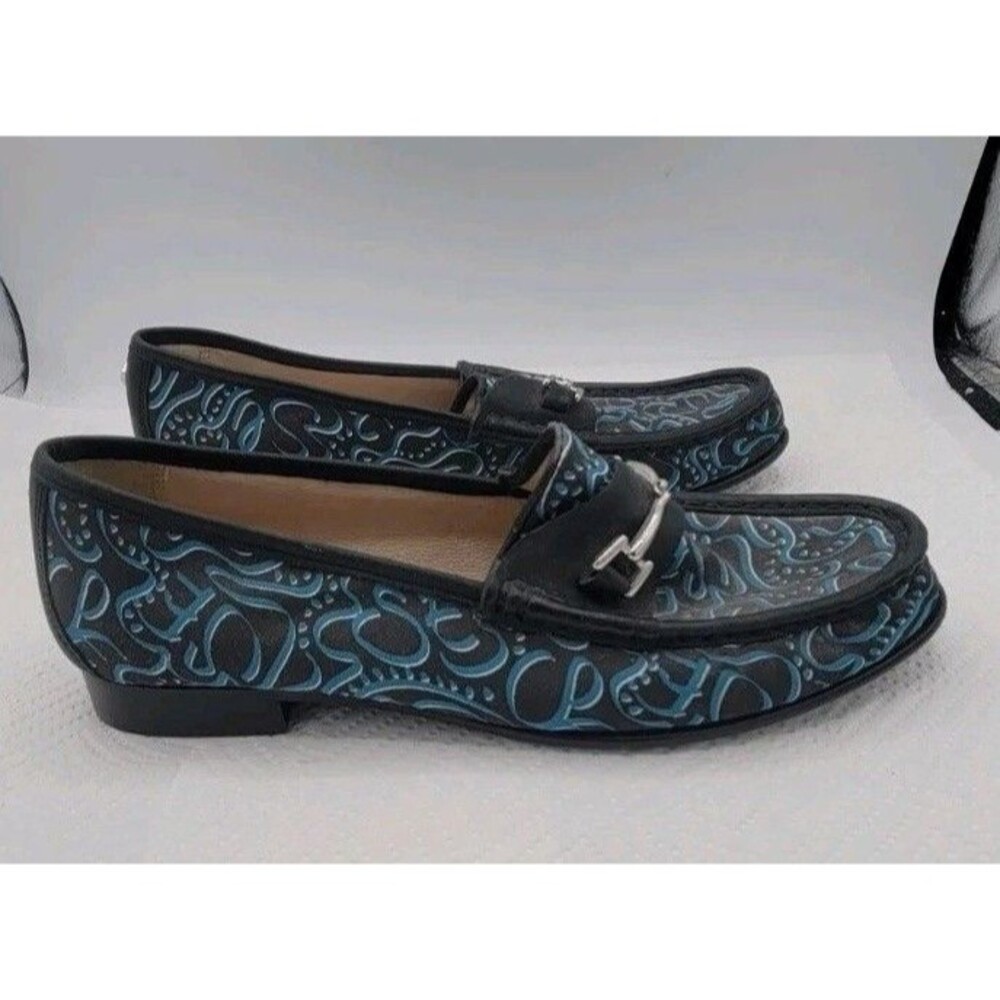 Sam Edelman Loraine Loafers Womens 8M Black Blue Abstract Print Leather Shoes